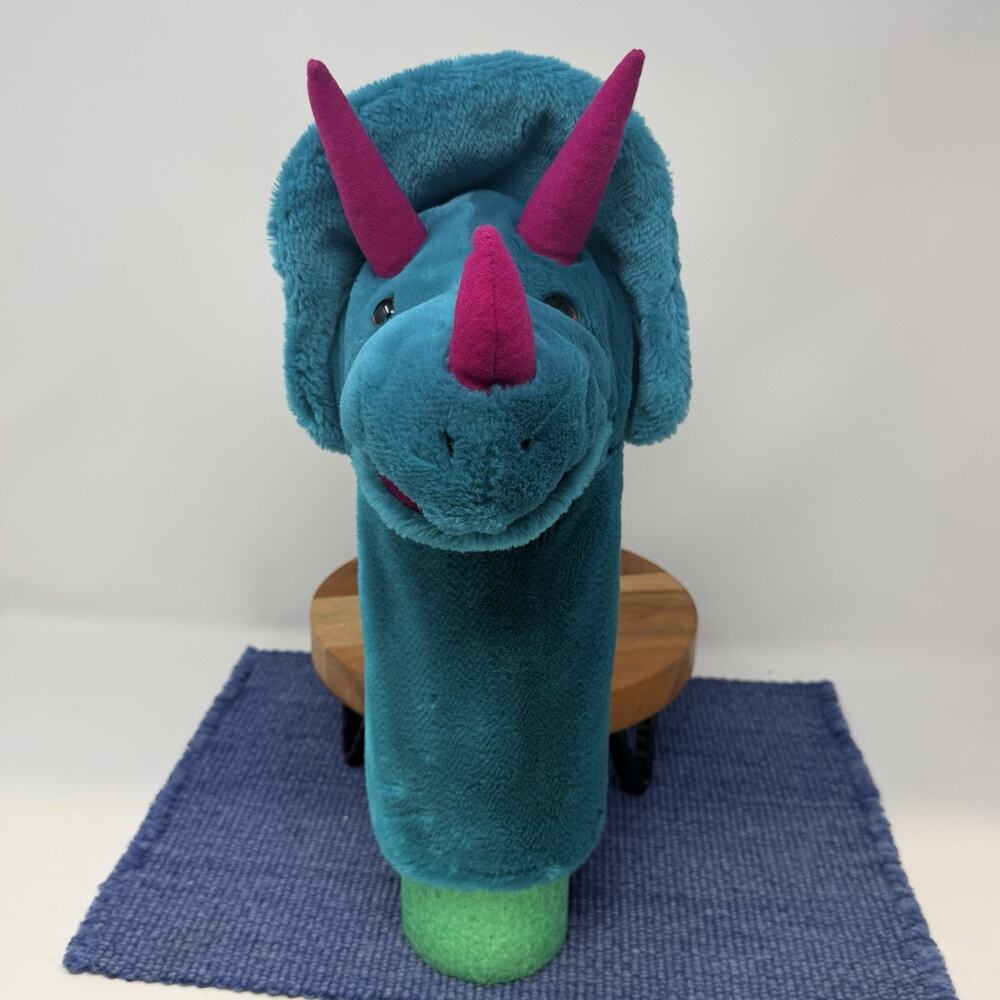 Vintage 90s Dakin Plush Hand Puppet Hornsly Dinosaur Teal Purple Triceratops
